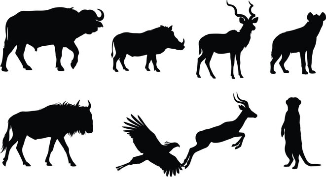 African safari wildlife silhouette vector icon set featuring buffalo, wildebeest, hyena, gazelle, meerkat, and warthog.