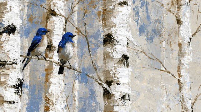 Growth of Two Bluebirds Perched on Birch Tree Branch in Thick Impasto Oil Painting