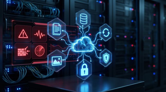 Cloud computing security icons floating in a dark server room