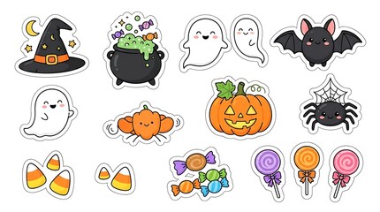 Fototapeta premium Collection of hand drawn halloween themed illustrations including pumpkins bats and spiders