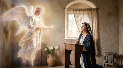 Fototapeta premium Angel Gabriel announcing to kneeling virgin Mary in ancient room. Biblical annunciation scene with glowing angel and white lilies.