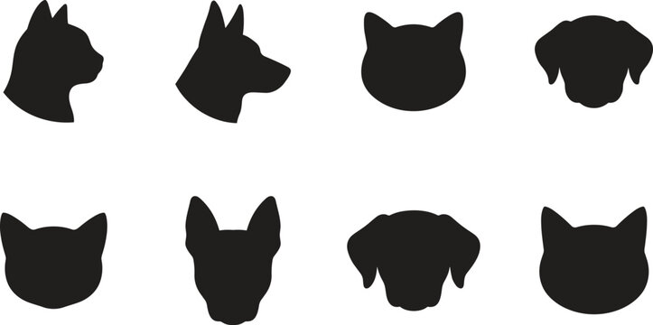 Cat and dog head silhouette vector icon set featuring pet face front views and profile shapes.