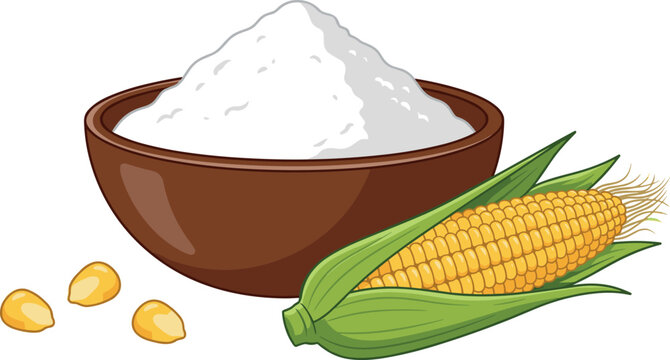 PrintVector Illustration of Corn Starch White Powder in a Wooden Bowl with Fresh Corn on the Cob and Loose Kernels