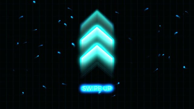 Neon blue arrow animation indicates swipe up gesture with particle effects on dark digital grid.