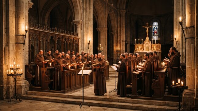 Monks in brown robes singing Gregorian chant in gothic cathedral. Men hold open prayer books among candlelight and crucifix altar.