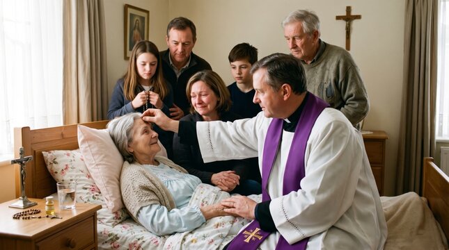 Priest giving last rites to elderly woman lying in bed while sad family prays around her. Catholic sacrament of anointing the sick at home.