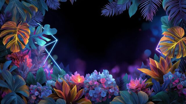 Tropical floral frame with yellow blossoms, monstera foliage, and subtle neon geometric accent on dark background