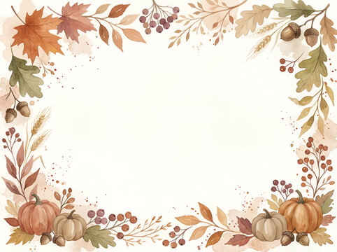 Soft Watercolor Autumn Leaves and Pumpkins Frame Background