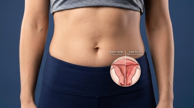 Medical illustration of a female abdomen with an inset diagram comparing thin and thickened uterine lining during menstrual cycle phases