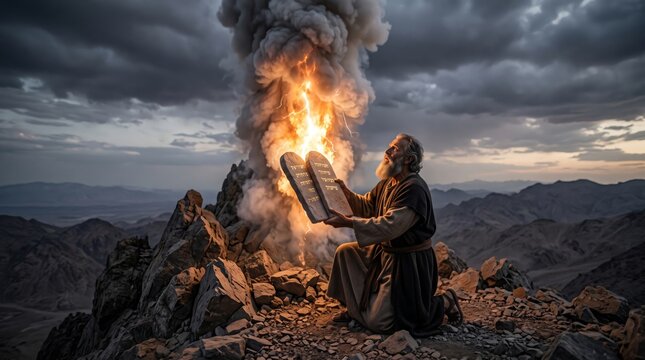 Prophet Moses kneeling with stone tablets of ten commandments on mountain summit. Old bearded man receives divine law from burning bush with smoke and lightning under dramatic sky.
