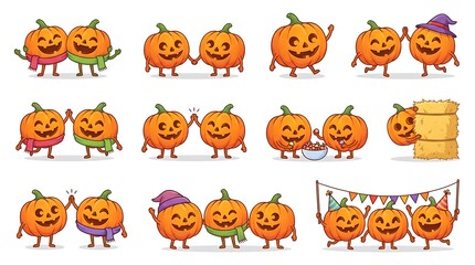 Obraz premium Friendly halloween pumpkin characters interacting and celebrating together for group social projects.