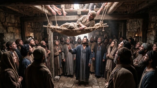 Jesus Christ healing a paralytic man lowered through the roof on a mat. Crowd of believers gathered in ancient stone house watching the biblical miracle.