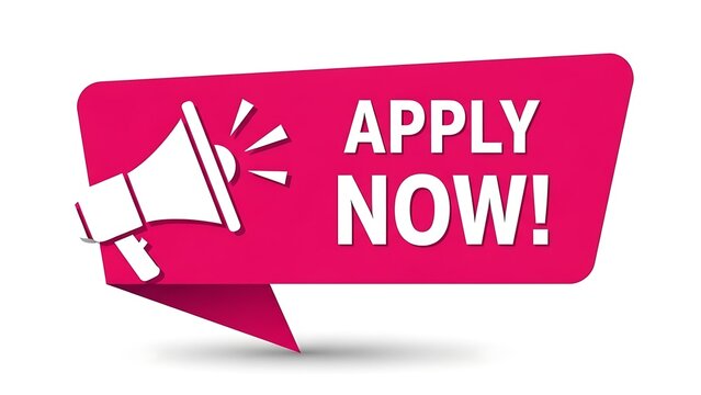Apply now button featuring a megaphone symbol on a pink background for business marketing communication design