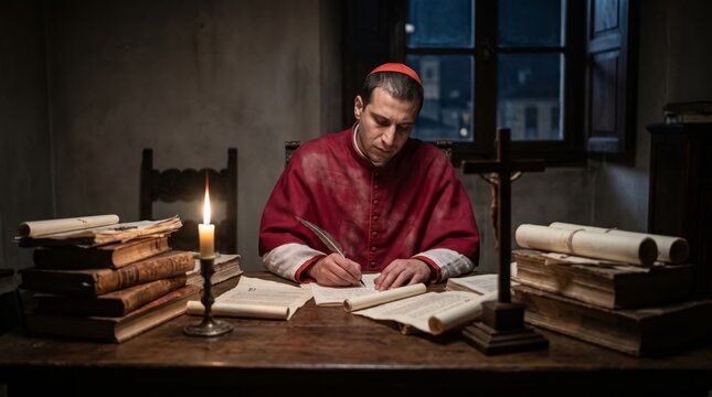 Catholic cardinal writing with quill pen at candlelit desk. Man in red cassock surrounded by old books, scrolls and crucifix in medieval room.