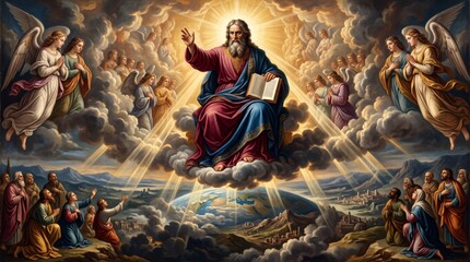 Fototapeta premium God the Father on throne surrounded by angels in heavenly clouds. Divine light shines over praying people and the earth below. Christian religion art for church and faith concept.