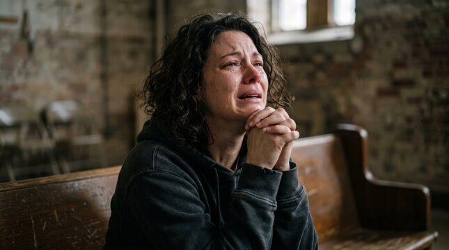 Crying woman praying with clasped hands on wooden pew in old church. Tearful emotional woman seeking comfort and hope through prayer. Faith, sorrow and religious devotion concept.