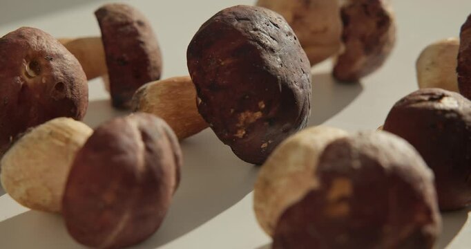 Slow motion closeup of porcini mushrooms shifting and rolling on white tabletop in studio with soft side light.