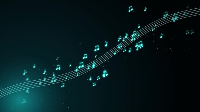 Glowing Blue Musical Notes Flowing on Staff Background Loop  Abstract Music Rhythm Motion Graphics