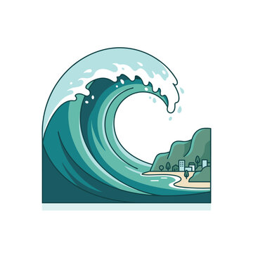 Giant ocean wave crashing on beach with town near mountains flat vector illustration