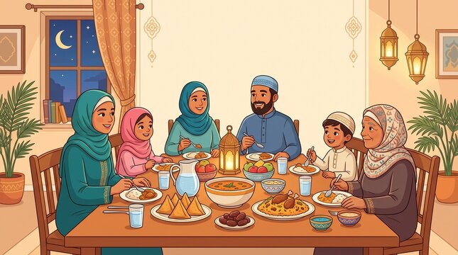 Muslim family eating iftar dinner together at table during ramadan celebration in cozy living room vector illustration