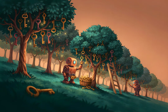 A small robot picking golden keys from trees in a lush garden with a basket, a ladder leaning against a tree, and many keys hanging on branches