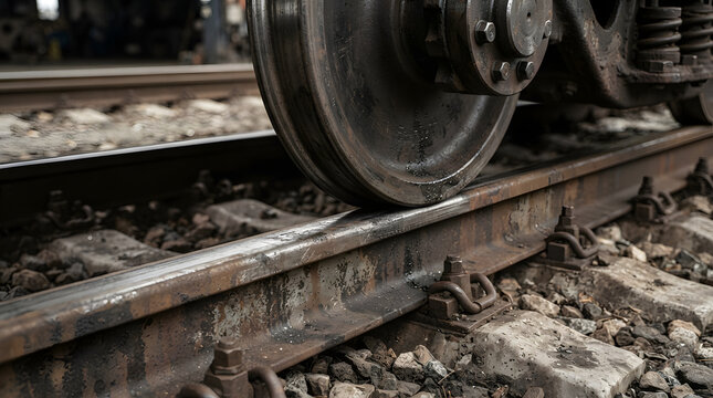 Close up of a heavy train wheel resting on steel railway tracks