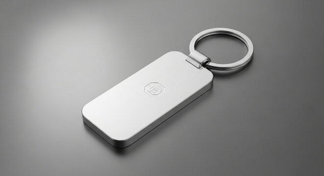 A premium metallic key holder featuring a circular ring attachment rests gracefully on a smooth dark gray surface to showcase branding options for corporate gifts or personal accessory