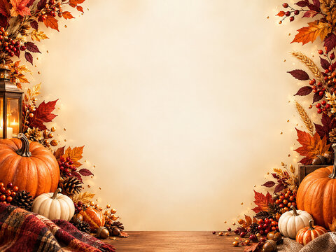 Cozy Autumn Background with Pumpkins and Fall Leaves on Wood
