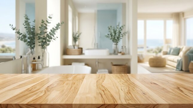 Empty wooden tabletop mockup with blurred modern bright bathroom interior background for product display and marketing