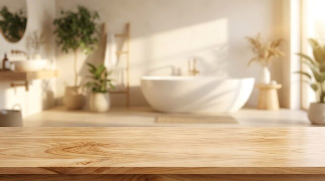 Empty Wooden Table Surface Blurred Bathroom Interior Background Product Placement Mockup Presentation Display Ads Design