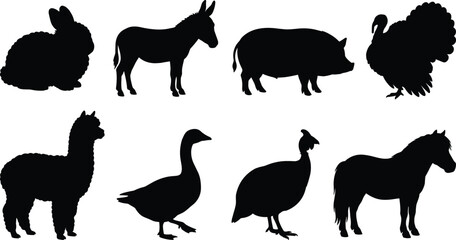 Fototapeta premium Set of farm animal silhouettes including horse, pig, donkey, rabbit, turkey, goose, and alpaca isolated on white background