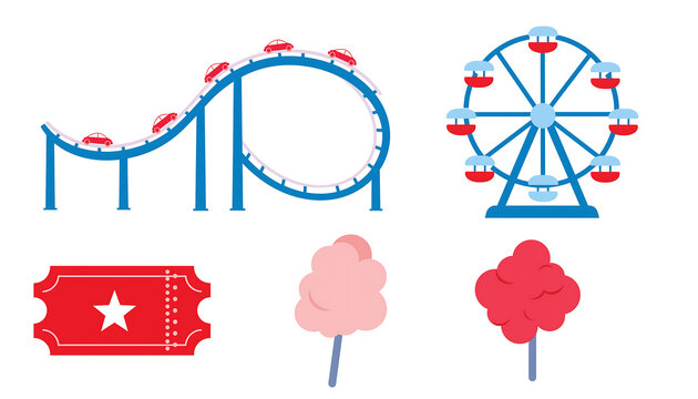 Vector illustration set of amusement park elements including a roller coaster, ferris wheel, entry ticket, and cotton candy for carnival concepts.
