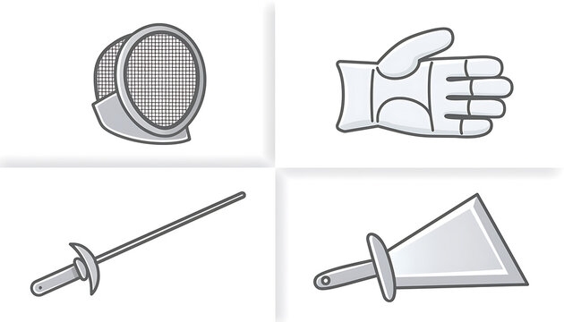 Vector illustration set of fencing equipment including a protective mask, glove, foil sword, and weapon guard for combat sports concepts.
