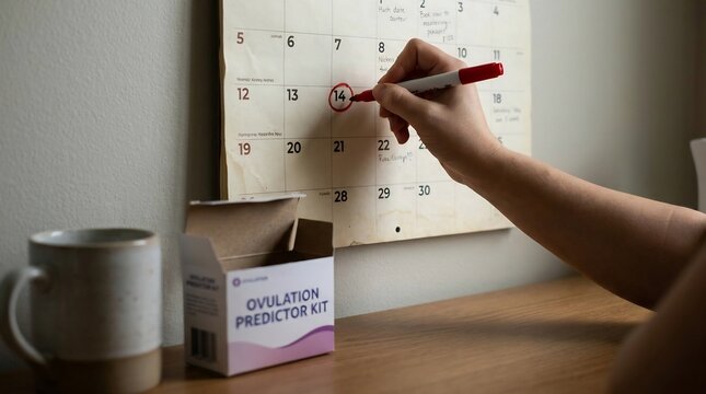 Close-up of a hand circling a date on a wall calendar for fertility tracking with an ovulation predictor kit on the table