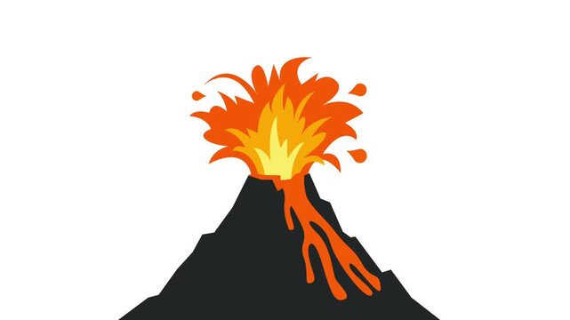 Minimalist 2D motion graphic animation of a black volcano erupting with bright orange lava on a white background.