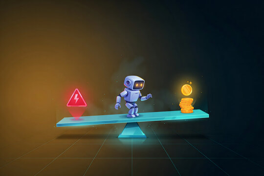 A small robot walks across a blue plank balancing a red lightning bolt warning symbol on one end and a stack of golden coins on the other end
