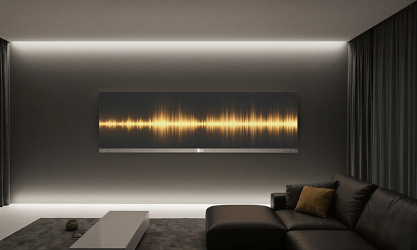 Soundbar waveform interior featuring a modern living room with an interactive glowing golden audio frequency display