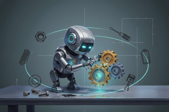 A small silver robot standing at a workbench and repairing golden mechanical gears with glowing blue technical floating in the dark background