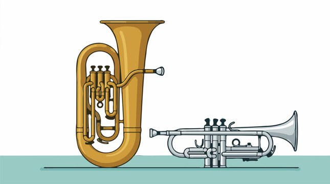 Golden tuba and silver trumpet brass musical instruments side by side, flat design vector illustration