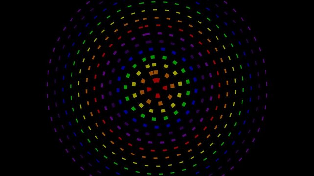 Abstract digital background with mesmerizing spinning rainbow dots and circular light patterns