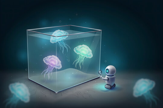 A small white robot observing glowing jellyfish inside a glass aquarium on a dark teal background, with bubbles and, sand at the, bottom of the tank