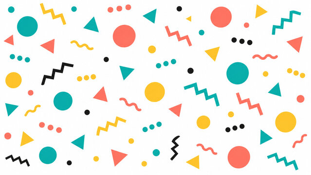 Retro mem style geometric pattern with circles triangles and squiggles