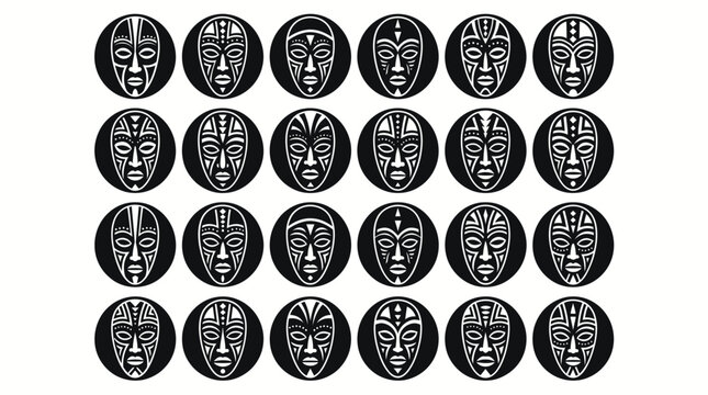 Set of 16 African tribal mask icons.