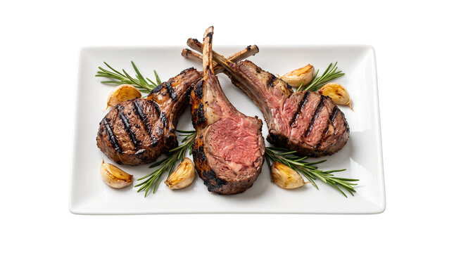 Grilled lamb chops with rosemary and garlic. Roasted rack of lamb on white plate. Gourmet meat dish for restaurant menu. isolated PNG with Transparent Background