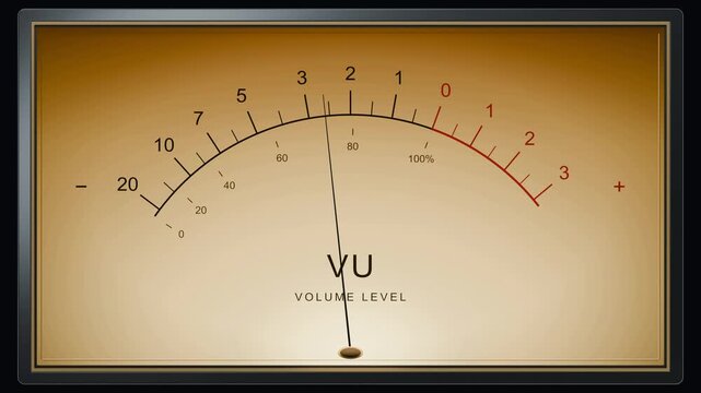 Analog VU meter with glowing golden face and swinging needle indicating audio volume levels. Warm retro aesthetic with red overload zone. Great for music, podcast, and broadcast.
