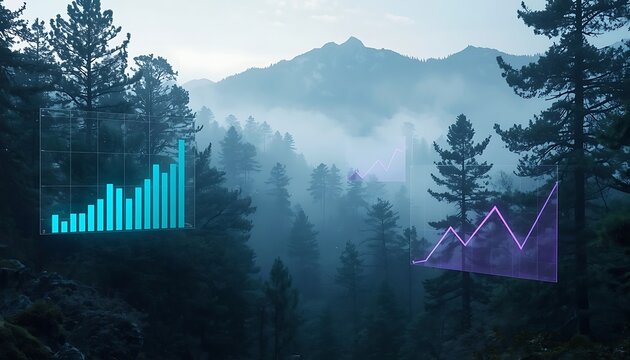 Misty mountain forest with glowing blue bar chart and purple line graph.