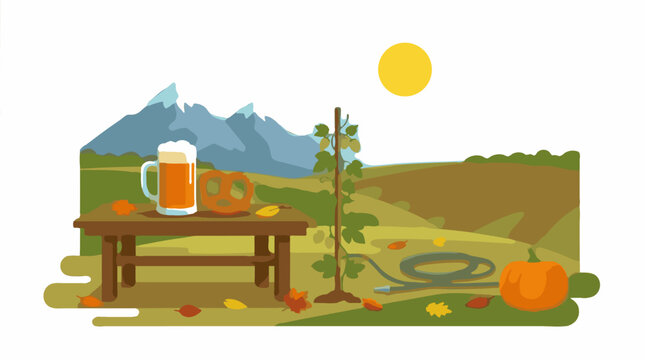 Flat design vector illustration of a beer mug, pretzel, and pumpkin on a table with mountains and fields background