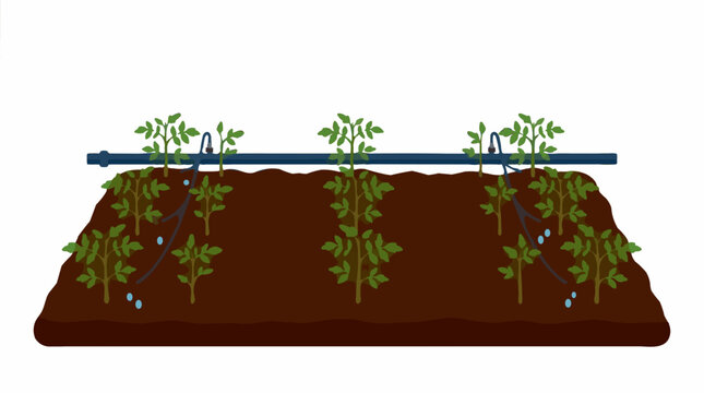 Flat design vector illustration of a drip irrigation system watering plants in soil, showing water droplets and pipes
