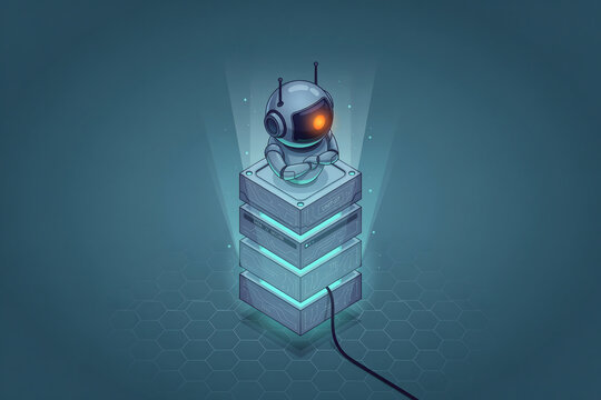 A small white robot with an orange glowing eye stands on a stack of glowing blue server units with a cable connected on a dark blue background