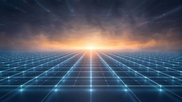 Grid landscape extends toward a glowing horizon in a futuristic digital scene cyberpunk neon lines